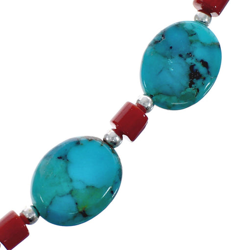 Turquoise Coral Sterling Silver Native American Bead Necklace AX125576